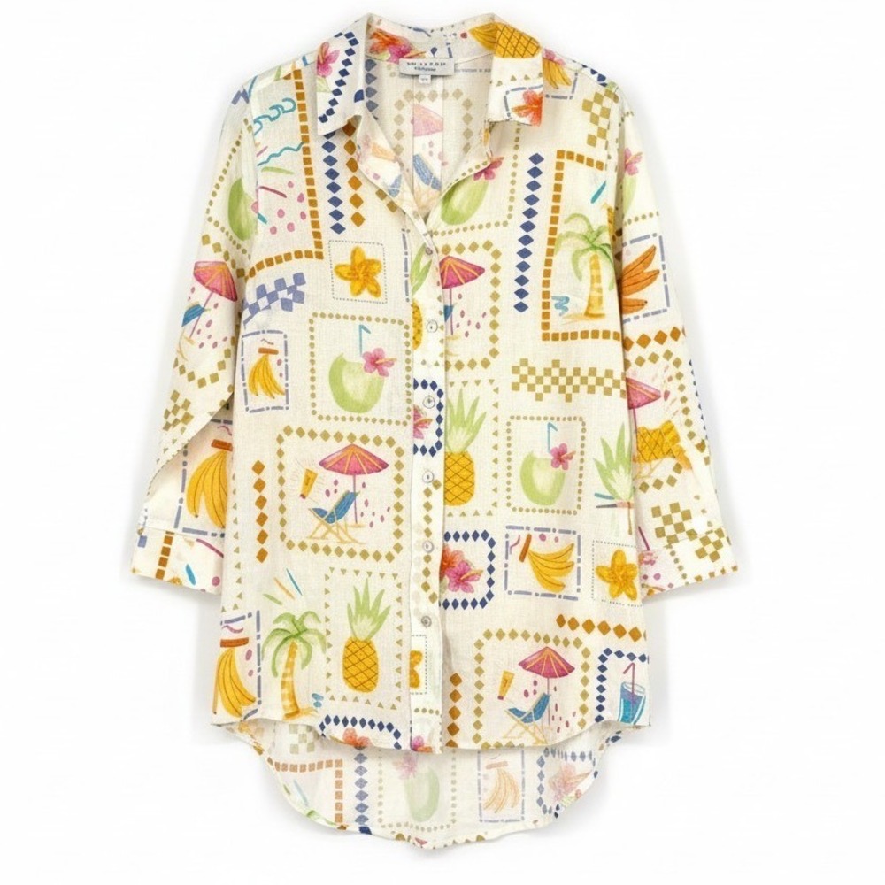 Calypso‎ St Barth Button Down Shirt Linen Blend Postcard Print Long Slv Tunic S